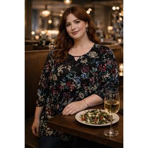 Whimsigoth Boho Black Velvet Floral Blouse 3/4 Sleeve Soft Catherine's 2X 22/24